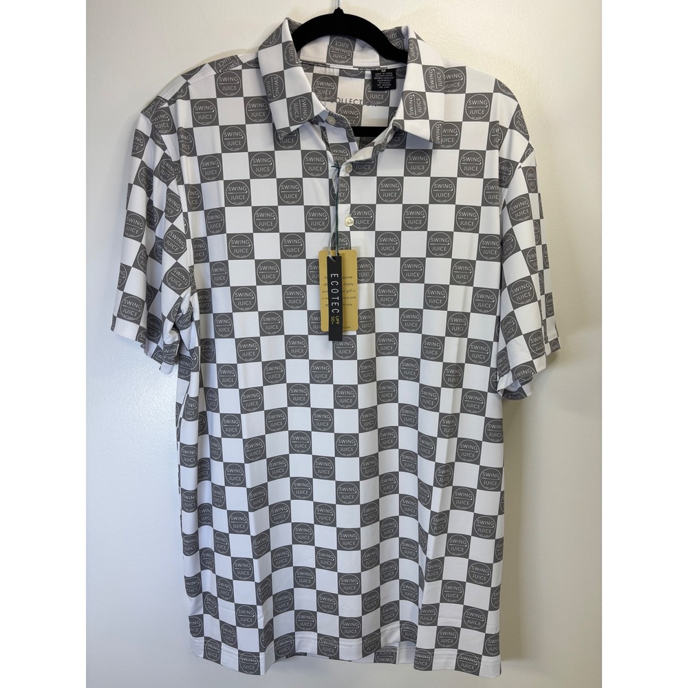Swing Juice Mens Ecotec Golf Polo Shirt Grey White Checkered Logo‎ Size M NWT